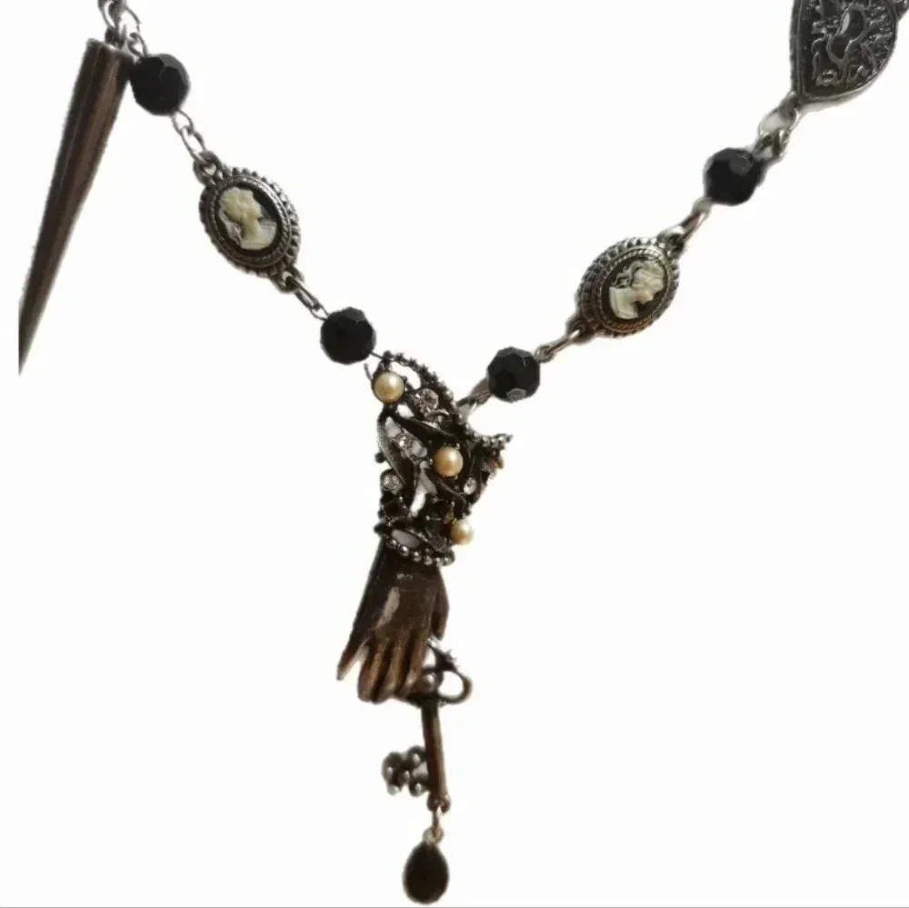 Black silver tone statement long necklace